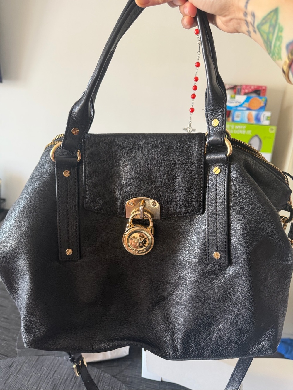 Michael Kors Black Leather Satchel with Gold Lock Accent